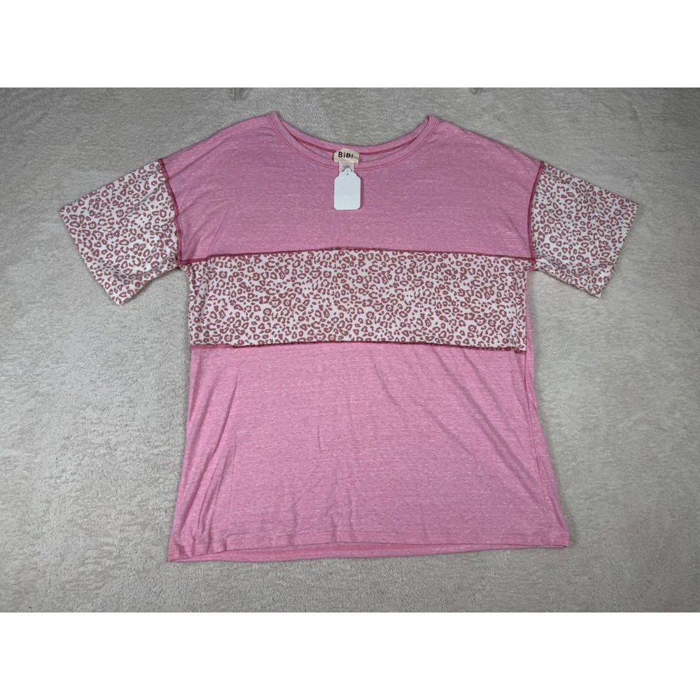 BIBI Top Womens Large Blush Pink New Leopard Print Colorblock BT2236-02 Tee